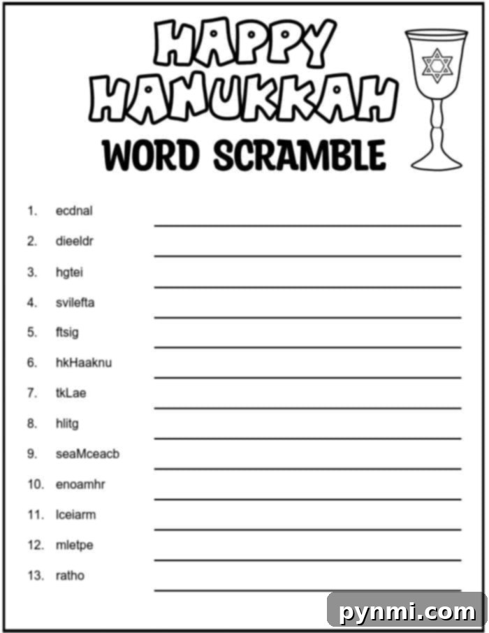 Festive Hanukkah Coloring Pages to Print 7 Fun Hanukkah word scramble activity sheet with festive illustrations