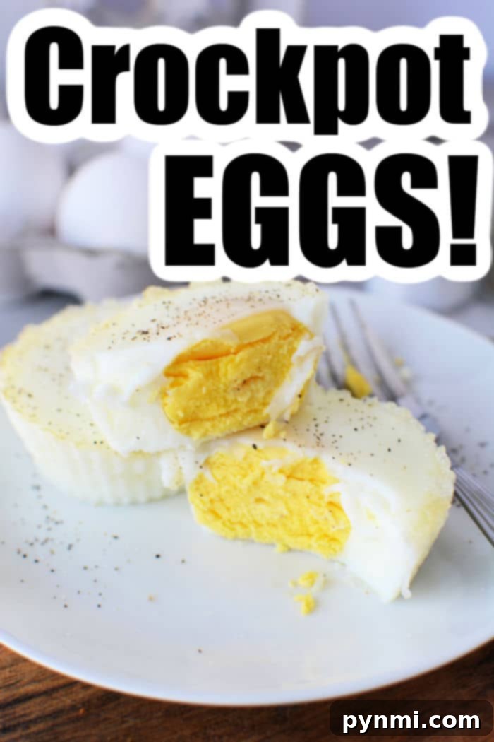 Plate with halved cooked eggs seasoned with pepper, labeled Slow Cooker EGGS! in bold text.