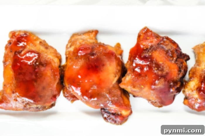 Slow Cooker BBQ Chicken Thighs, glistening with sauce and ready to be enjoyed as a hearty meal.