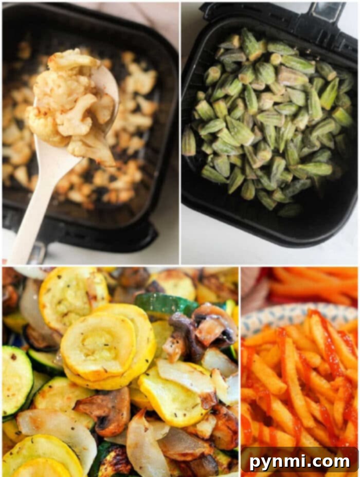 Golden Crispy Air-Fried Frozen Vegetables 2 frozen vegetables in air fryer basket, ready to cook