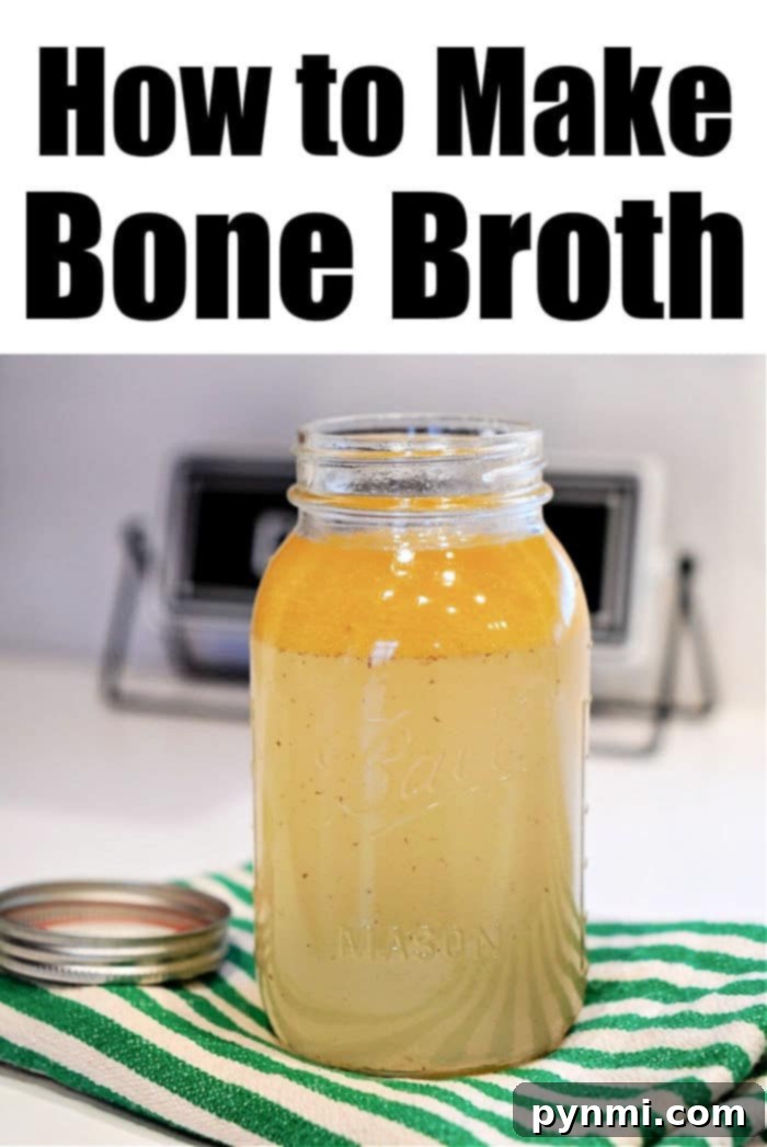 Mason jar filled with bone broth on a striped cloth. Text above reads How to Make Bone Broth Recipe using an Instant Pot.