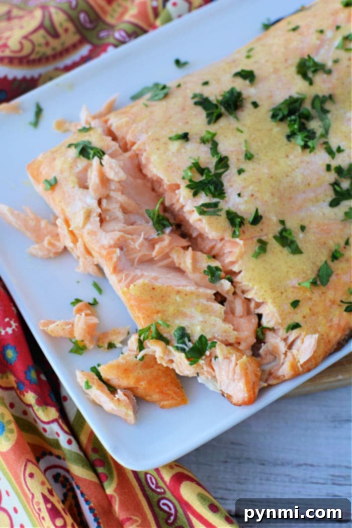Oven Baked Frozen Salmon - A beautifully cooked salmon fillet, garnished and ready to serve.