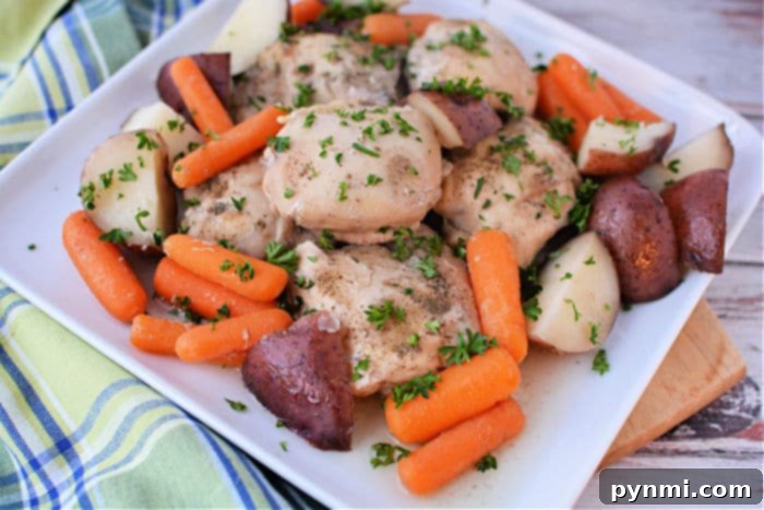 Effortless Slow Cooker Chicken Thighs and Potatoes 8 chicken thighs and vegetables, served hot and fresh, showcasing a comforting homemade meal.