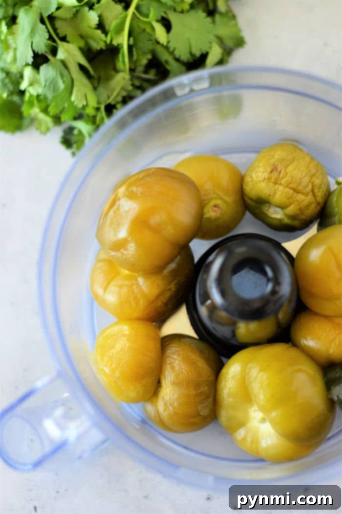 Vibrant green tomatillo salsa in a bowl, garnished with fresh cilantro, ready to be served as a delicious dip or topping.