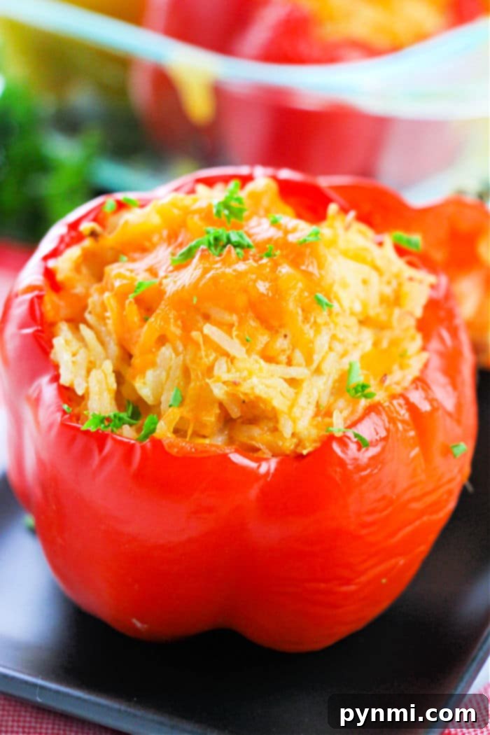 Savory Chicken & Bell Pepper Delight 11 A red bell pepper stuffed with rice and tender chicken, topped with melted cheese and chopped parsley for a delicious twist on classic Chicken Stuffed Bell Peppers.