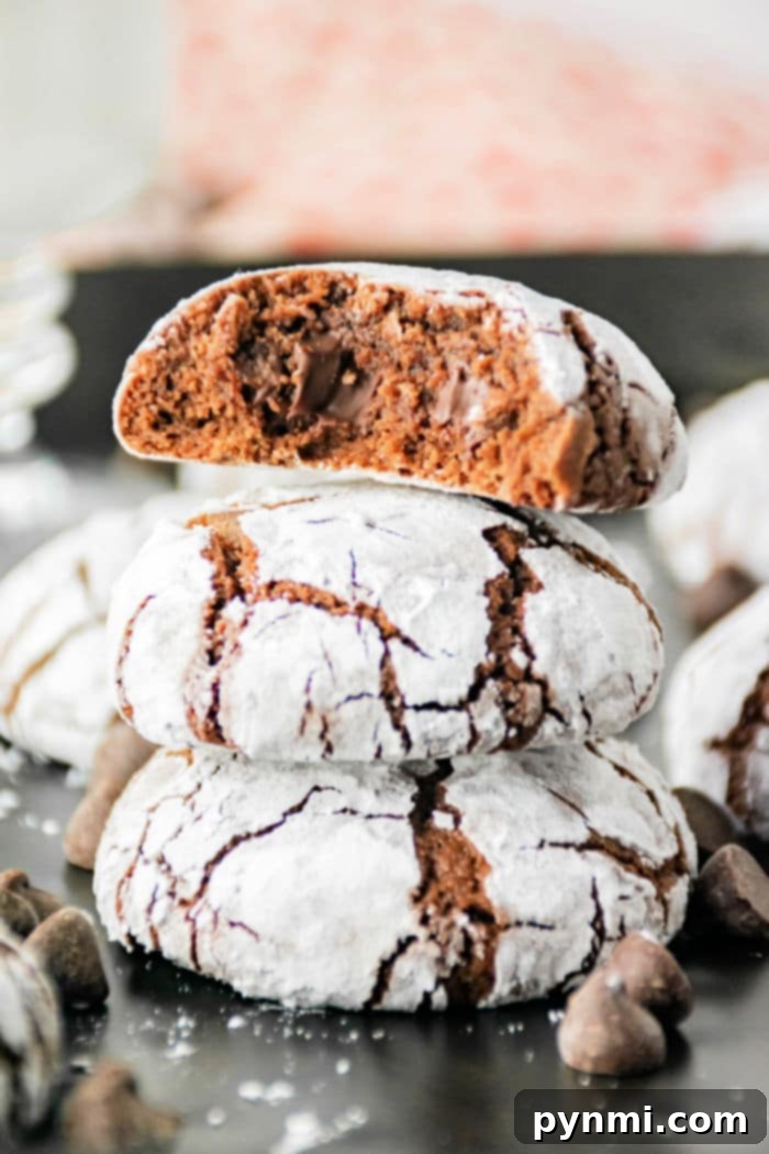 Fudgy Crinkle Delights 2 Three brownie mix crinkle cookies are stacked on a dark surface, with the top cookie broken in half to reveal the gooey chocolate inside. The cookies are dusted with powdered sugar, and chocolate chips are scattered around them.