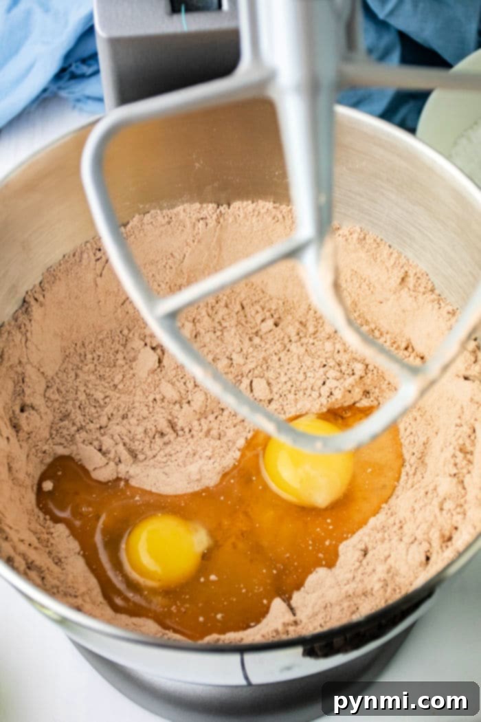 Fudgy Crinkle Delights 3 A mixing bowl filled with brown powder, likely brownie mix for crinkle cookies, and two cracked eggs. A metal stand mixer paddle is partially visible above the mixture. A blue cloth and other kitchen items are in the background.