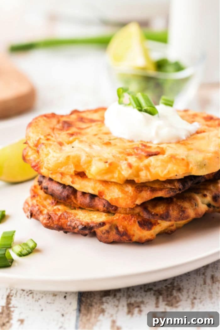 Crispy golden air fryer potato pancakes ready to be served, a perfect way to use leftover mashed potatoes.