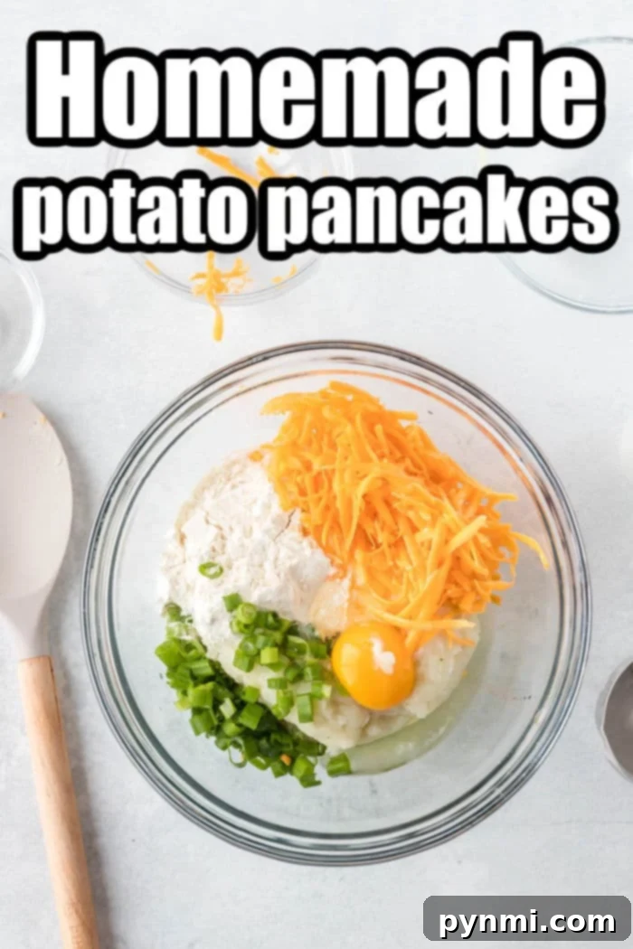 A bowl of ingredients for Air Fryer Potato Pancakes, including mashed potatoes, shredded cheese, a raw egg, all-purpose flour, and chopped green onions.