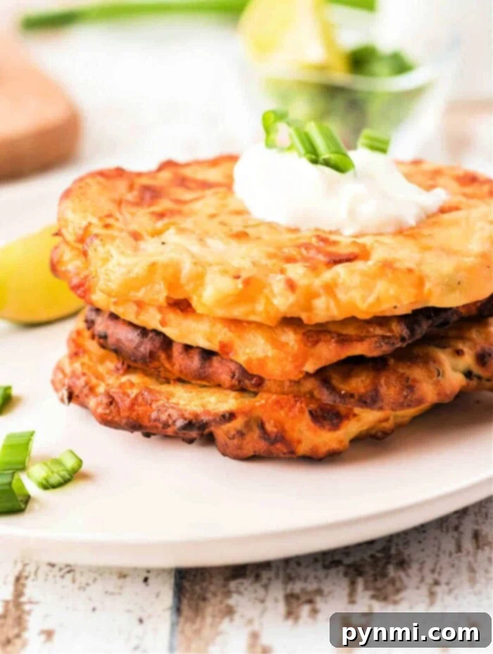 A close-up shot of crispy air fryer potato pancakes stacked on a plate, with a focus on their golden-brown texture, showing how long to cook them for.