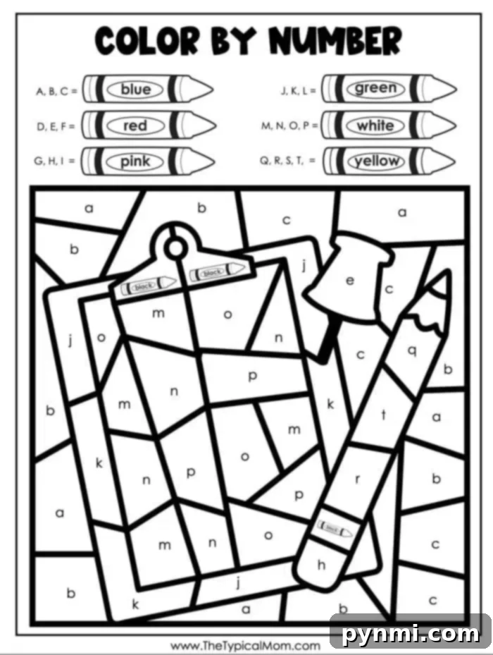 Free Fun Color by Number Preschool 2 A black and white coloring page labeled Color by Number Preschool features a clipboard and pencil with sections marked by letters. The color key includes: A-C blue, D-F red, G-I pink, J-L green, M-O white, P-R yellow. Perfect for little hands eager to explore colors and letters!