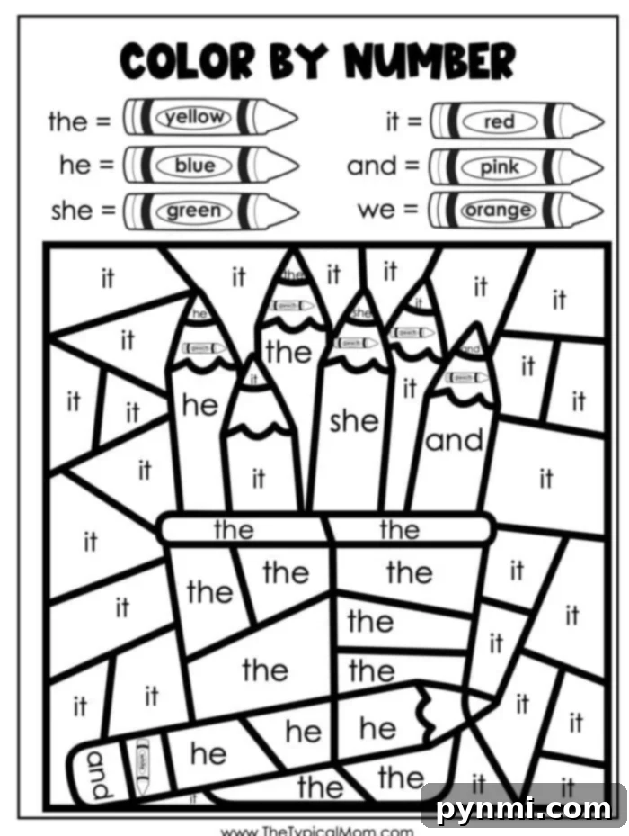 Free Fun Color by Number Preschool 3 Color by Number Preschool worksheet featuring crayons in a cup. Sections contain words like the, it, he, she, I, and we. Labels indicate colors: yellow, blue, green, red, pink, orange. Each word corresponds to a specific color for an engaging educational activity, fostering early sight word recognition.