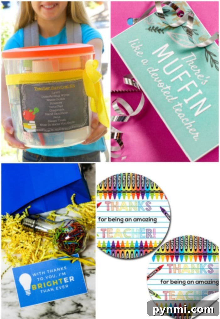 Free Printable Thank You Tags for Teachers 2 Collage of teacher gift ideas: a survival kit in a clear container, a muffin gift with a ribbon, a bulb-themed thank-you card, and colorful crayon stickers for teachers, all enhanced with free printable teacher appreciation tags.