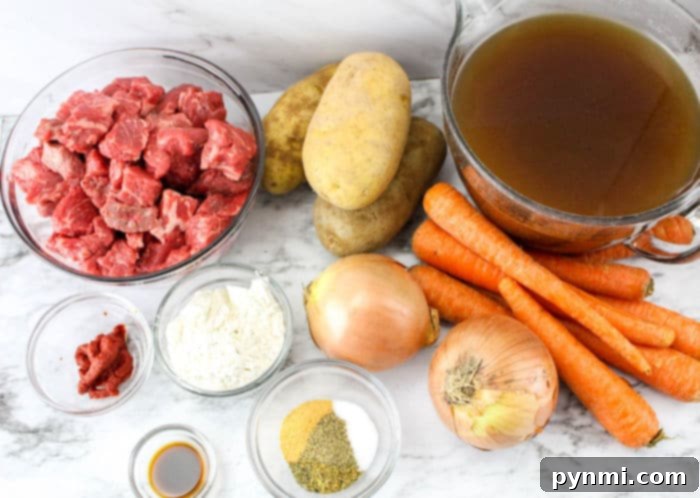 Hearty Slow Cooker Beef Stew with a Secret Onion Soup Mix Kick 4 Stew simmering in a slow cooker with tender beef, potatoes, and carrots.