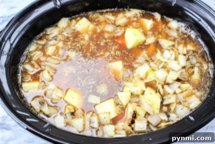 Hearty Slow Cooker Beef Stew with a Secret Onion Soup Mix Kick 6 A serving of Slow Cooker Beef Stew with Onion Soup Mix in a bowl, with a ladle.