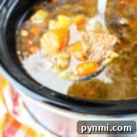Hearty Slow Cooker Beef Stew with a Secret Onion Soup Mix Kick 8 A ladle lifting slow cooker beef stew with onion soup mix, along with tender carrots and potatoes, from a simmering pot.