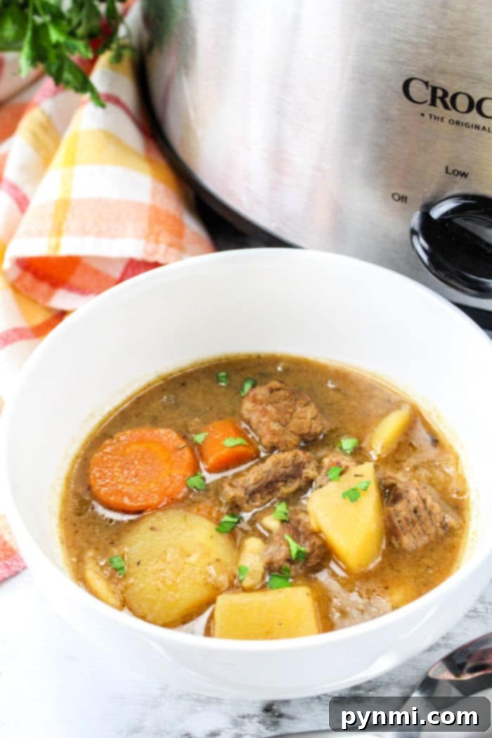 Hearty Slow Cooker Beef Stew with a Secret Onion Soup Mix Kick 9 Close-up of Slow Cooker Beef Stew with Onion Soup Mix, ready to be enjoyed.