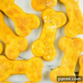 Air fryer dog treats, shaped like bones and delightfully orange, are neatly arranged on a white surface, highlighting their homemade goodness.