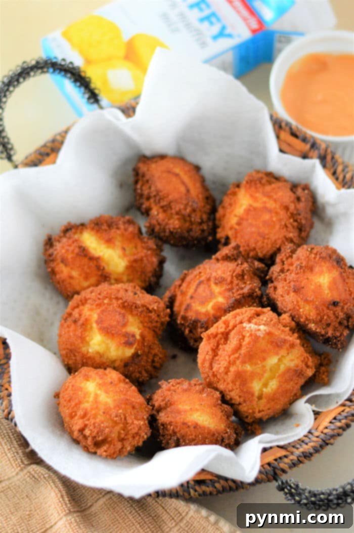A generous serving of Jiffy mix hush puppies, perfectly golden and ready to be enjoyed.
