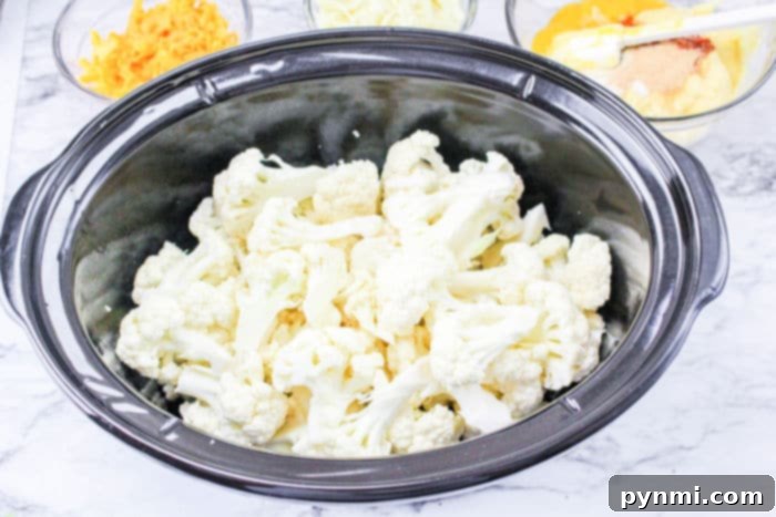 Slow Cooker Cheesy Cauliflower Mac 5 Cauliflower florets arranged in a slow cooker, covered with a creamy, cheesy sauce before cooking.