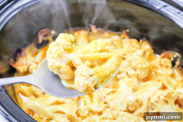 Slow Cooker Cheesy Cauliflower Mac 7 A serving of slow cooker cheesy cauliflower in a Crockpot, ready to be dished out.