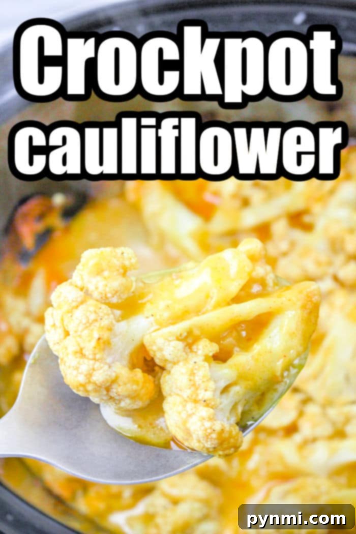 Slow Cooker Cheesy Cauliflower Mac 9 A large pot of slow cooker cheesy cauliflower, showing the rich, golden-brown cheese topping and tender florets.