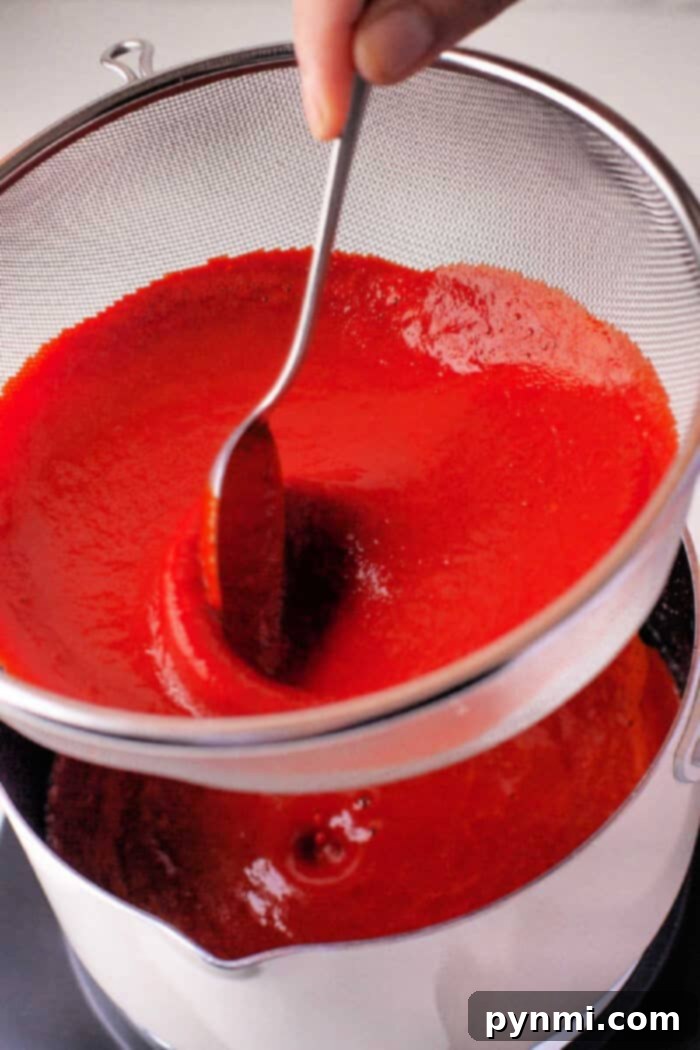 Sticky Asian Chicken Wing Glaze 2 Person straining Asian wing sauce through a mesh sieve with a spoon to achieve the perfect texture, not unlike crafting the silky smooth consistency of an Asian Chicken Wing Sauce.