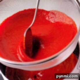 Person straining asian wing sauce through a mesh sieve with a spoon to achieve the perfect texture, not unlike crafting the silky smooth consistency of an Asian Chicken Wing Sauce.