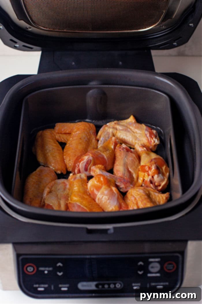 Ninja Foodi air fryer chicken wings with a delicious sauce, ready to be served.