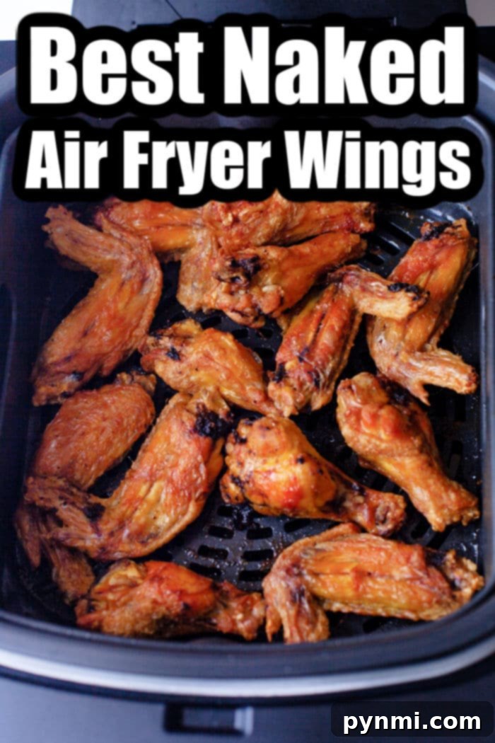 Naked air fryer wings recipe, showing crispy, un-sauced chicken wings.