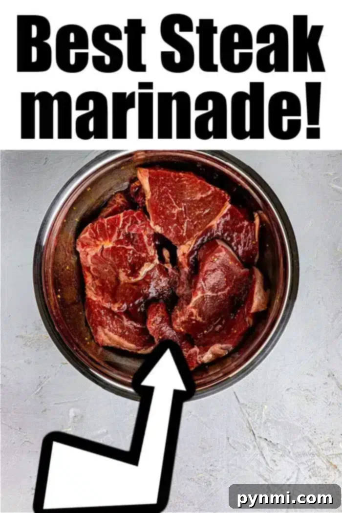 Ultimate Asian Steak Marinade 5 A bowl of raw steak marinating, with a large arrow pointing to the meat. The text above the image says "Best Asian Steak Marinade!