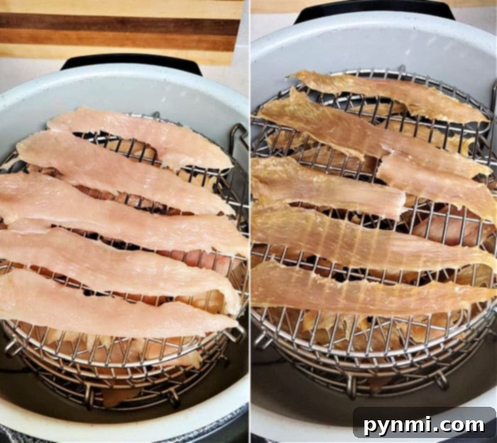 Wholesome Dehydrated Dog Bites 2 Homemade dehydrated dog treats laid out on a dehydrator rack