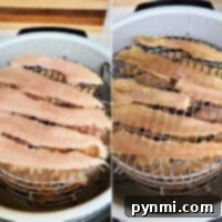 Side-by-side comparison of raw chicken strips and dehydrated chicken strips