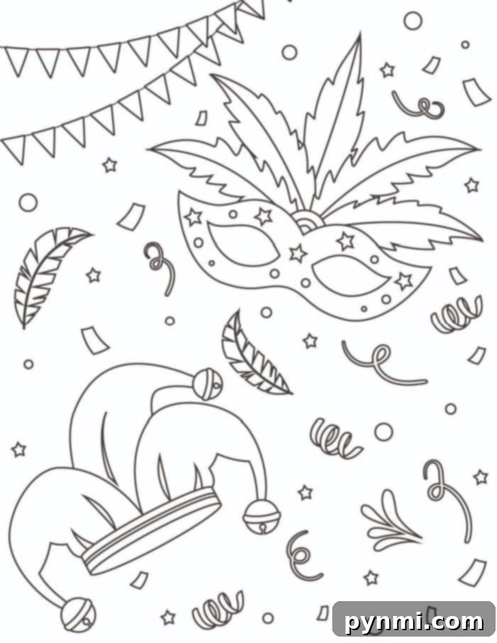 Mardi Gras Carnival Coloring Fun 6 Festive line art featuring a mardi gras mask, jester hat, streamers, confetti, and party decorations, perfect for Mardi Gras coloring pages.