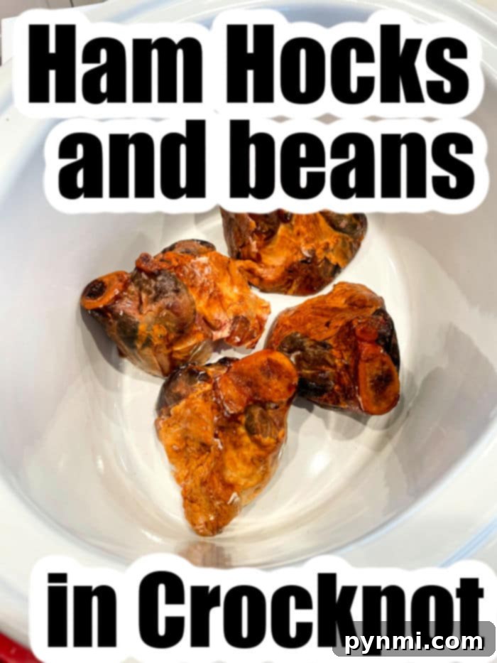 Unlocking the Flavor of Ham Hocks 9 A top-down view of a slow cooker filled with ham hocks, beans, and vegetables, simmering gently to create a hearty and comforting meal.