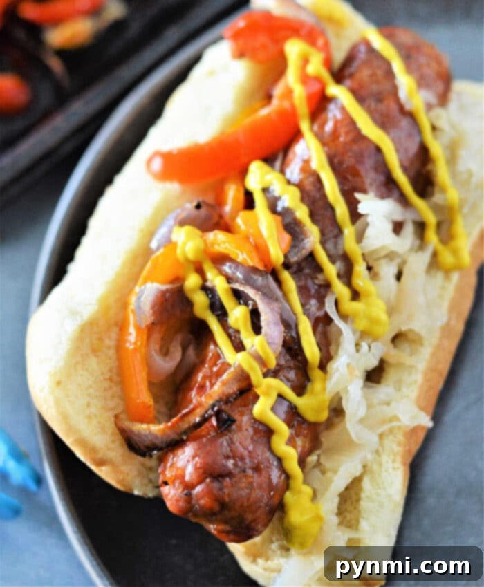 Effortless Oven Bratwurst Perfection 8 Brats in Oven: Close-up of cooked bratwurst in a bun with condiments