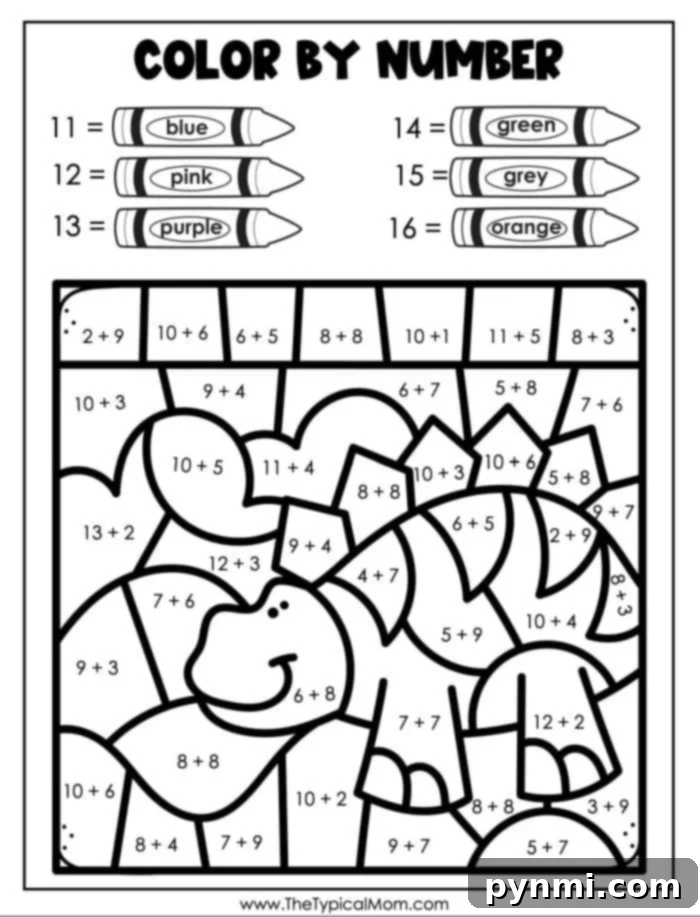Simple Printable Color-by-Number Fun 5 addition color by number printable with basic math problems