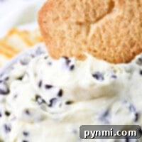 Philadelphia Cream Cheese Dream Dip 7 A bowl of creamy cheese dessert dip with chocolate chips, topped by a single cookie. The texture seems smooth and fluffy, with the chips evenly distributed throughout. The cookie is partially submerged in the delightful cream cheese mixture.