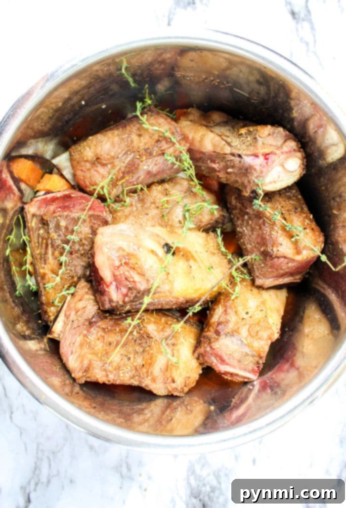 A serving of pressure-cooked Instant Pot Short Ribs with vibrant vegetables and a rich sauce.