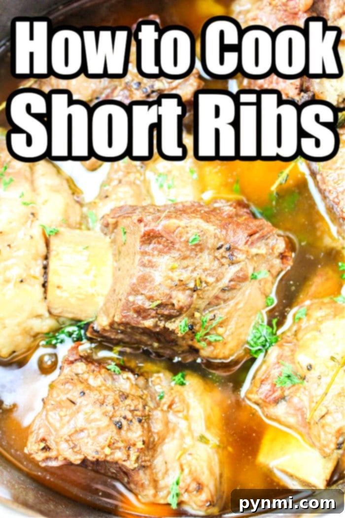 Close-up of tender English Cut Short Ribs in rich sauce with text overlay: How to Cook Short Ribs.