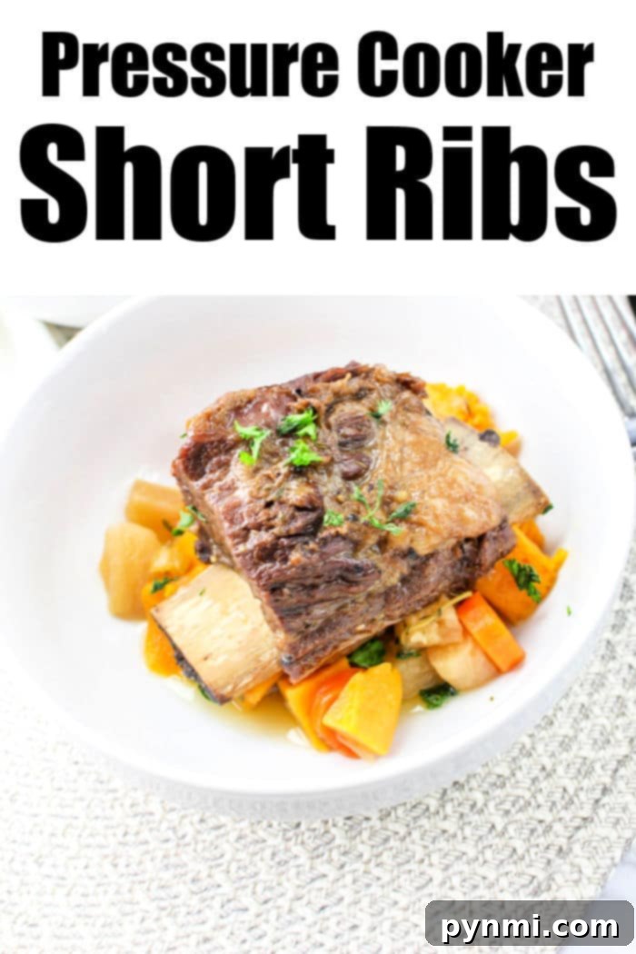 A large pot of pressure cooker short ribs with broth and vegetables, illustrating a perfect one-pot meal.