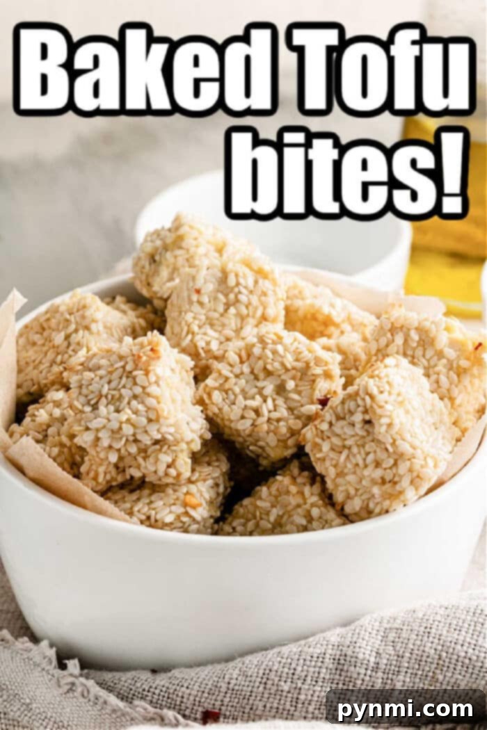 Golden Tofu Poppers 8 A bowl of sesame-coated tofu nuggets exudes a crispy allure, adorned with bold text: Baked Tofu Bites!