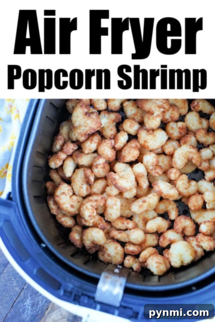 Crispy Air Fryer Popcorn Shrimp 8 Frozen popcorn shrimp in the air fryer come out perfectly crispy, with the text "Air Fryer Popcorn Shrimp" displayed at the top.
