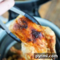 Tongs holding a piece of seasoned, cooked cornish hen with crispy skin above a Ninja Foodi basket, perfect for achieving that ideal crispy texture.