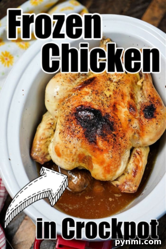 A succulent whole roasted chicken rests in a slow cooker, infused with savory juices and visible seasoning. The phrase "Frozen Whole Chicken in Crockpot" is elegantly overlaid on the image, while a charming hand-drawn arrow directs attention to the hearty dish.