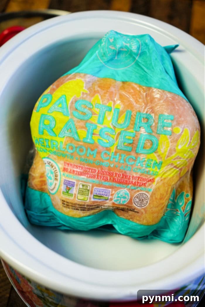 A perfectly sized frozen whole chicken carefully placed into a Crockpot with minimal room, illustrating the ideal fit for slow cooking.