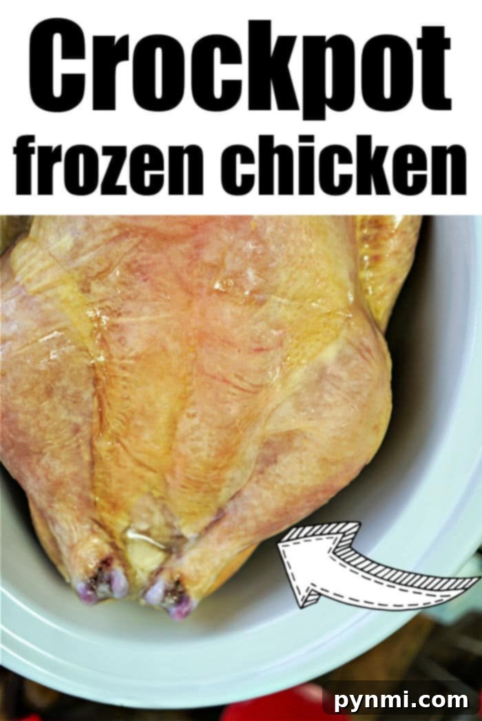 The delicious result of cooking a frozen whole chicken in a slow cooker, showcasing its tenderness and golden brown skin.