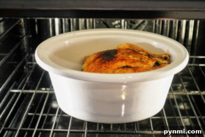 Golden, crispy chicken skin under the broiler, indicating a perfect finish for a slow-cooked whole chicken.
