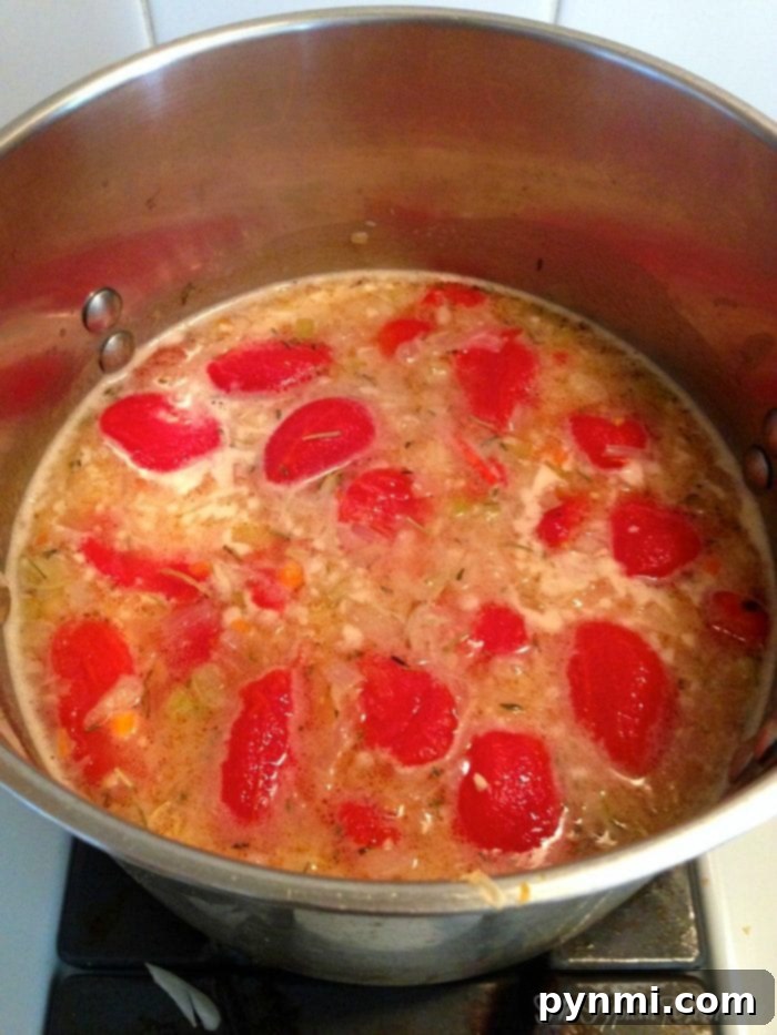 This easy tomato bisque recipe, featuring canned tomatoes, is a delightful and creamy family favorite. Enjoy this simple homemade soup that even kids will love. A pot of easy tomato bisque with chunks of tomatoes and spices simmers gently on the stove, promising a comforting meal.