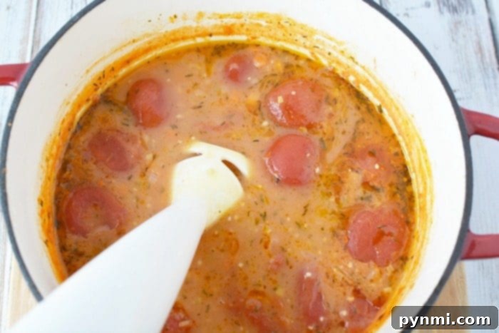 This easy tomato bisque recipe is a creamy, homemade delight, made with canned tomatoes and loved by the whole family. A serving of homemade tomato bisque in a white bowl, garnished with a swirl of cream and fresh basil, ready to be enjoyed.